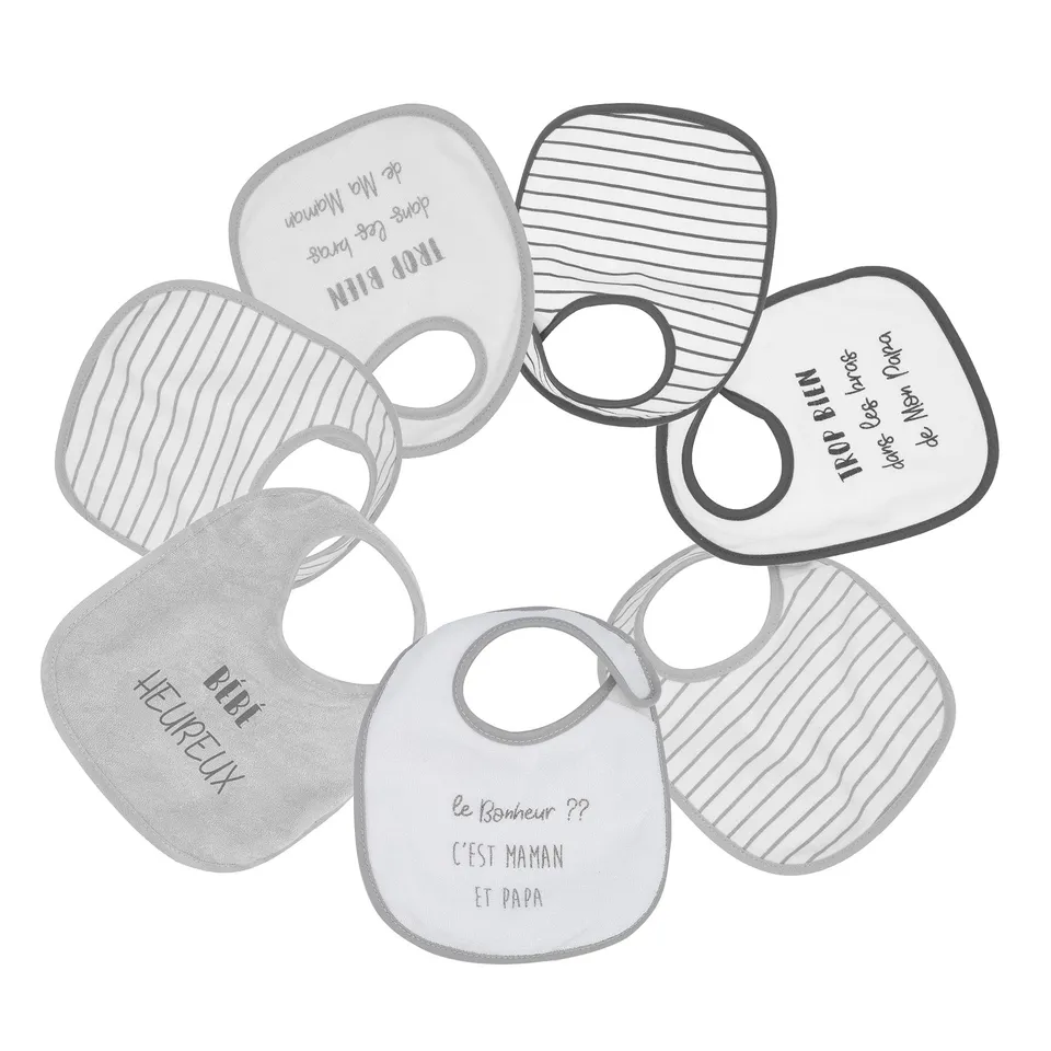 trois-kilos-sept-lot-de-7-bavoirs-naissance-imperm-ables-motifs-b-b-heureux-gris image 1