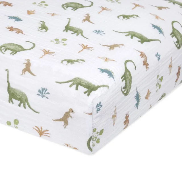 aden-anais-essentials-drap-housse-lit-b-b-en-mousseline-de-coton-imprim-dino-jun image 1