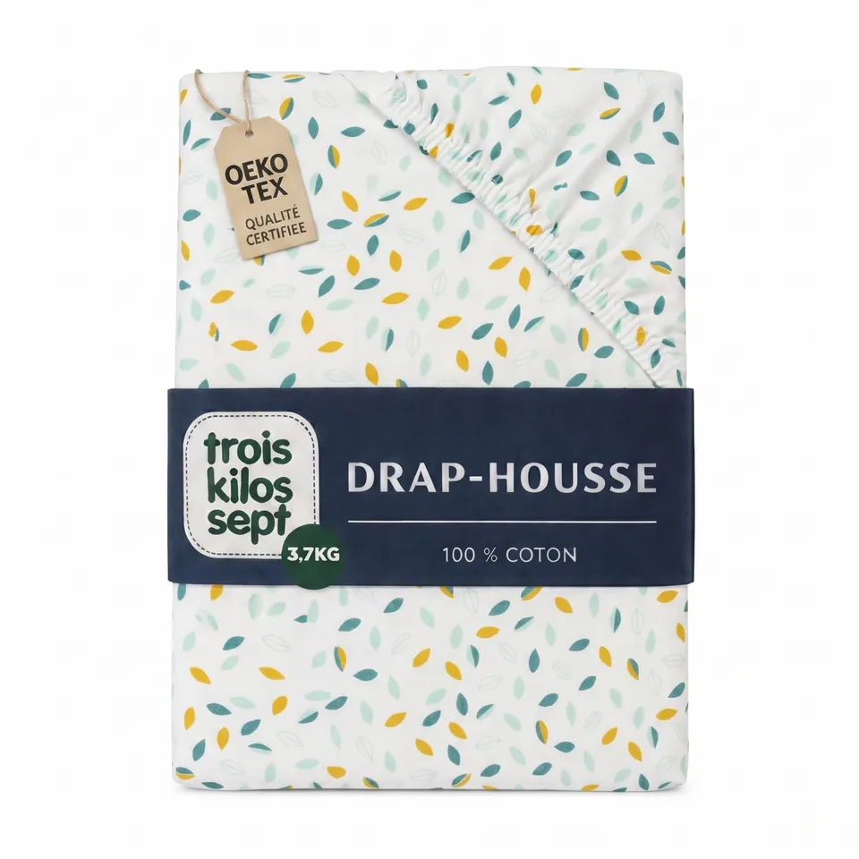 trois-kilos-sept-drap-housse-b-b-motif-feuilles-koala-100-coton-jersey-extensibl image 1
