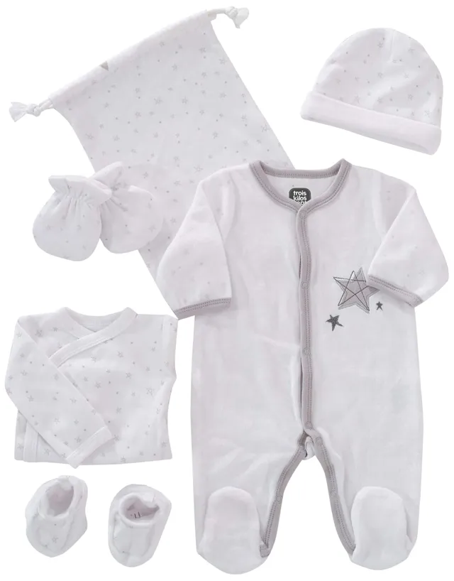 trois-kilos-sept-kit-naissance-6-pi-ces-velours-blanc-motif-toiles-1-mois-pyjama image 1