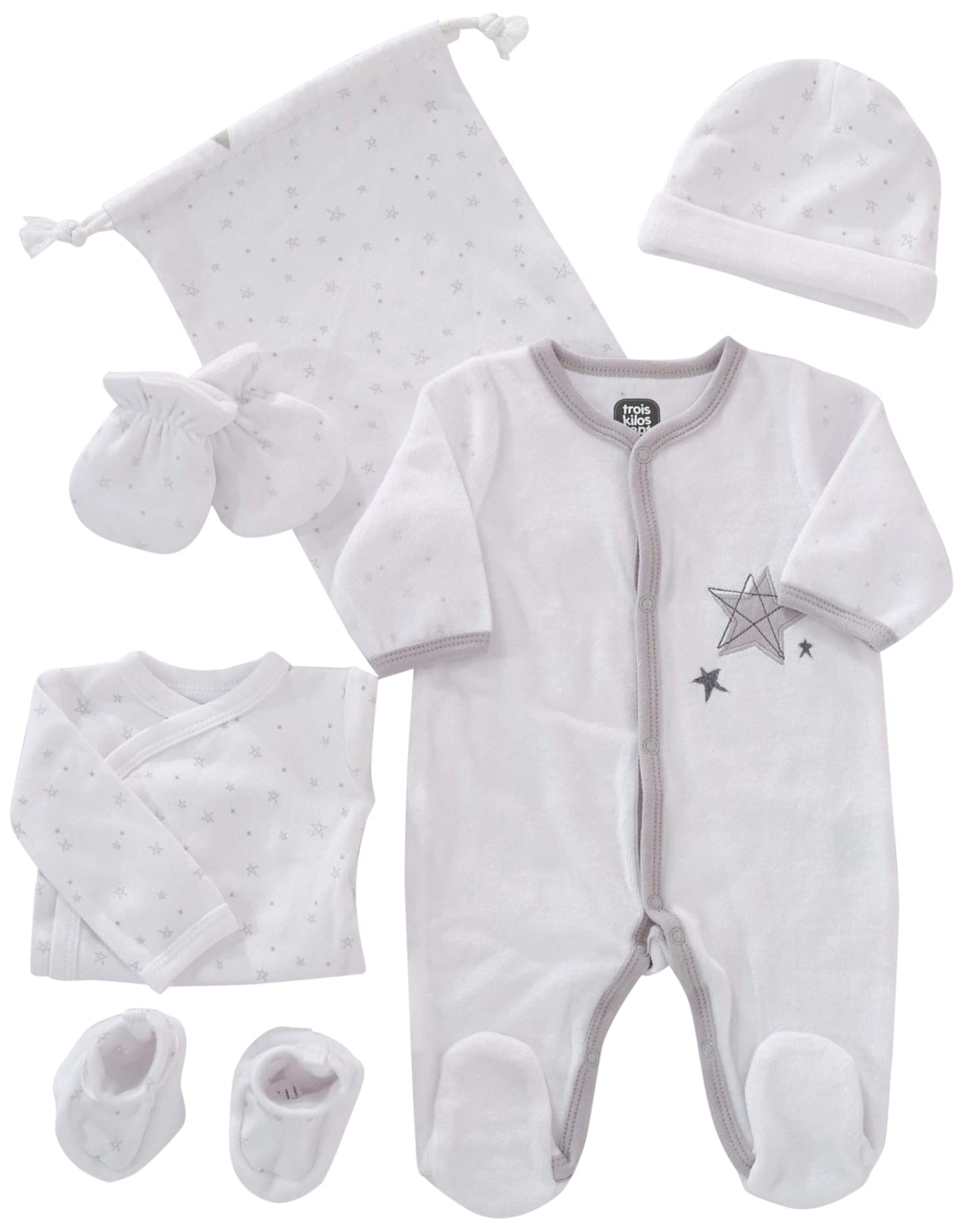 trois-kilos-sept-kit-naissance-6-pi-ces-velours-blanc-motif-toiles-1-mois-pyjama image 1