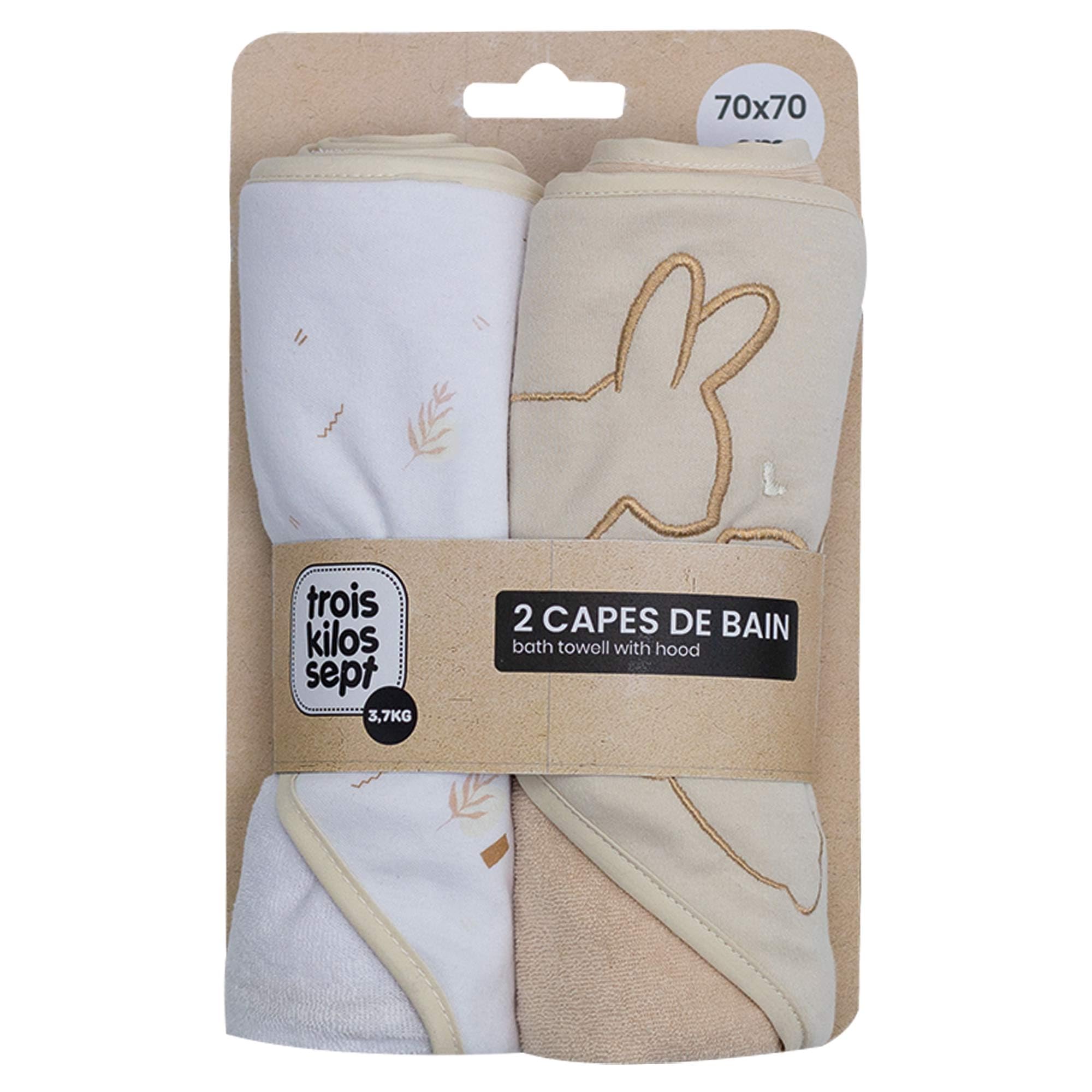 trois-kilos-sept-lot-de-2-capes-de-bain-b-b-avec-capuche-lapin-70x70-cm-ponge-do image 2