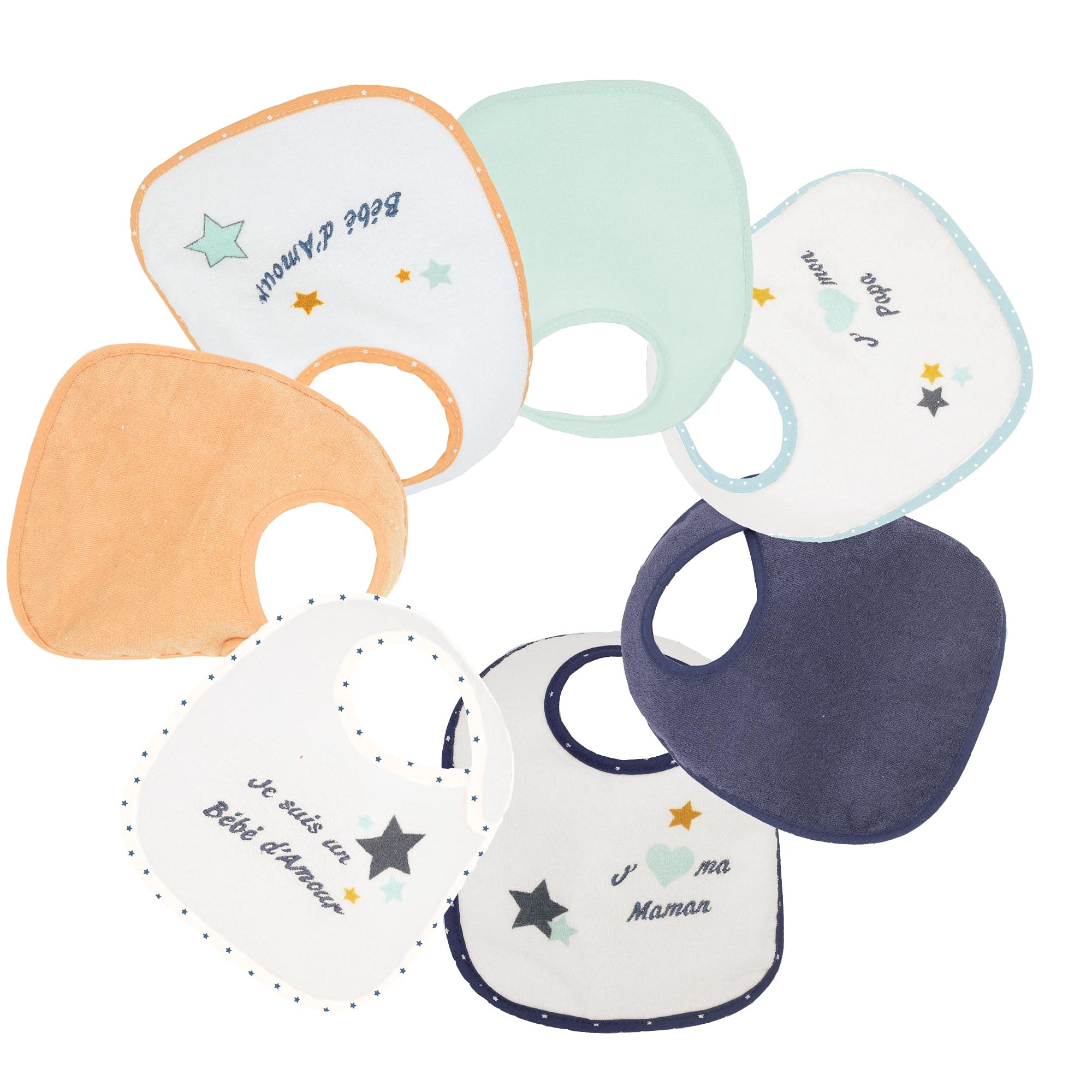 trois-kilos-sept-lot-de-7-bavoirs-naissance-imperm-ables-motifs-b-b-d-amour-bleu image 1
