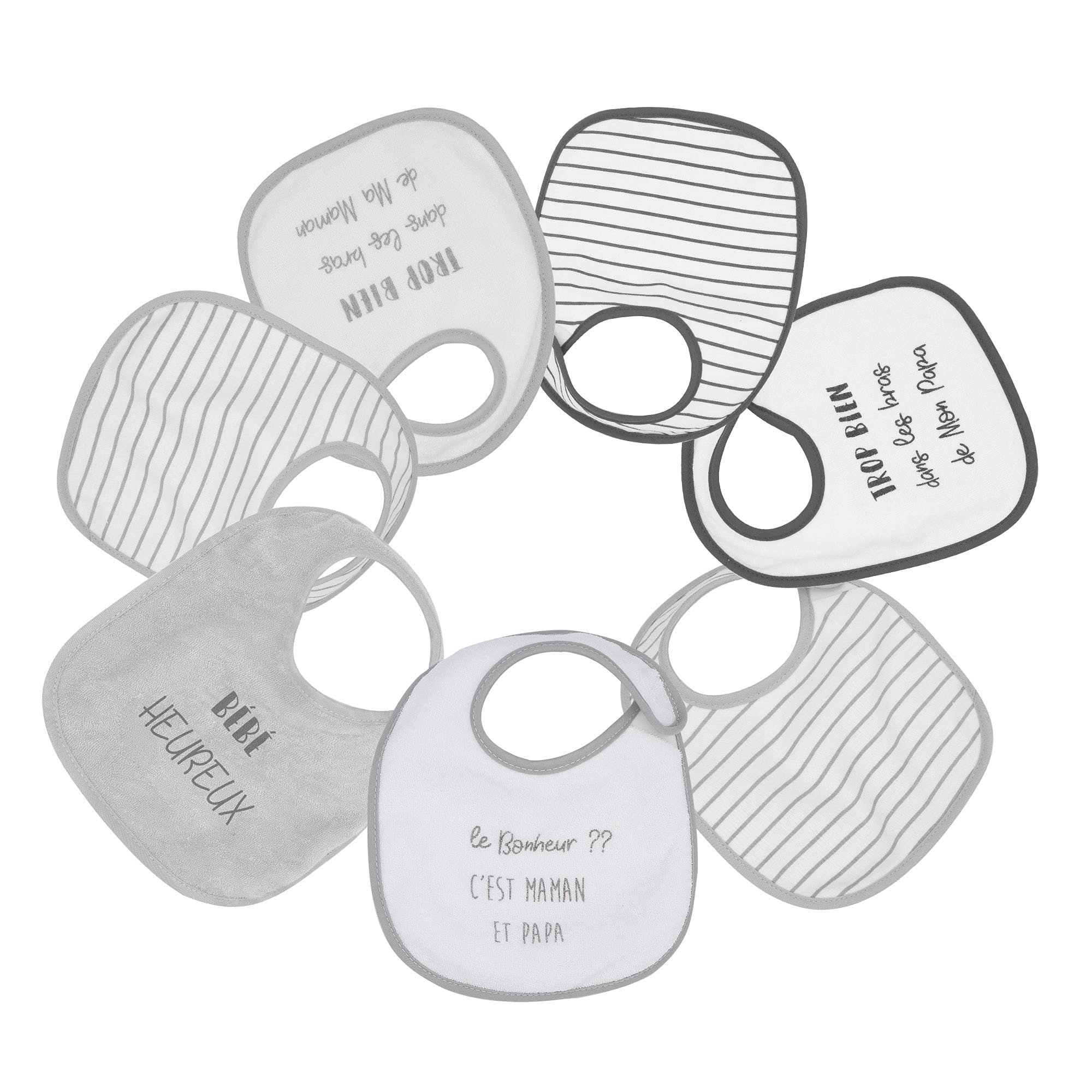 trois-kilos-sept-lot-de-7-bavoirs-naissance-imperm-ables-motifs-b-b-heureux-gris image 1